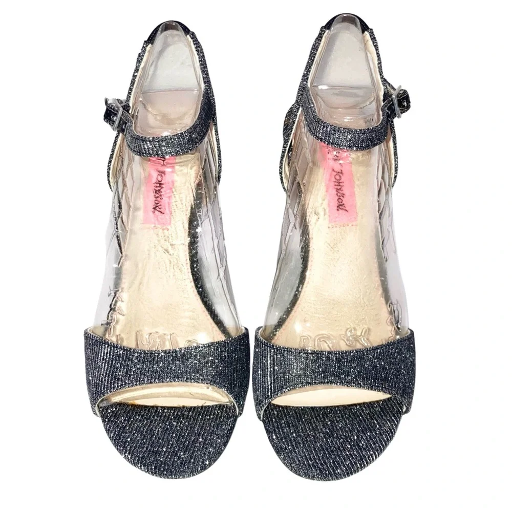 NIB Betsey Johnson Duane Wedge Sandals Black Silver Glitter Sparkle Size US 5.5